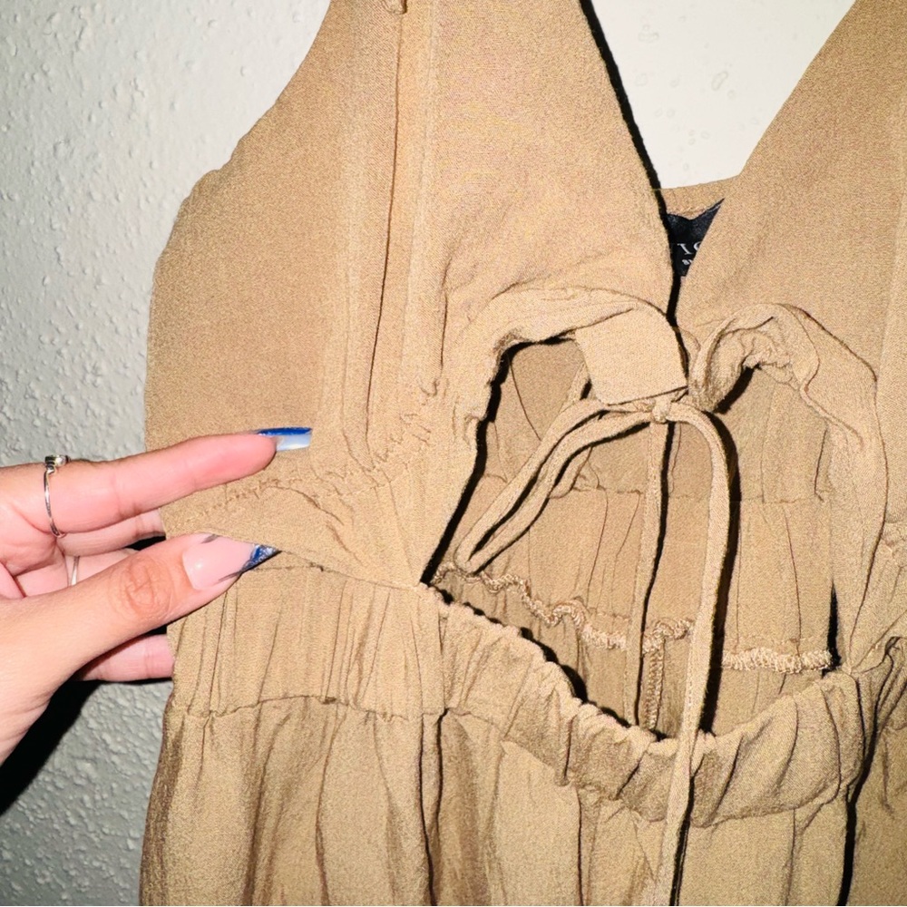 VICI Tie Sleeve Brown Keyhole Ruffle Bell Leg Jumpsuit - Picture 6 of 7